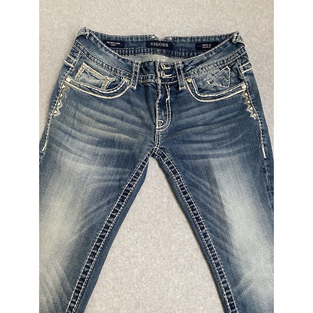 Vigoss Jeans Capri Bling Women's 27 Denim Blue New York Capri Y2K Pants Gems - Picture 11 of 16
